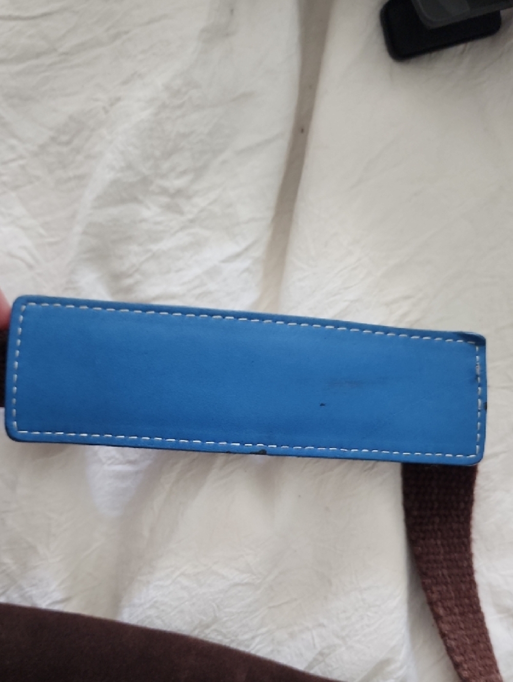 Brown Suede Crossbody Bag with Blue Trim - Picture 3 of 14